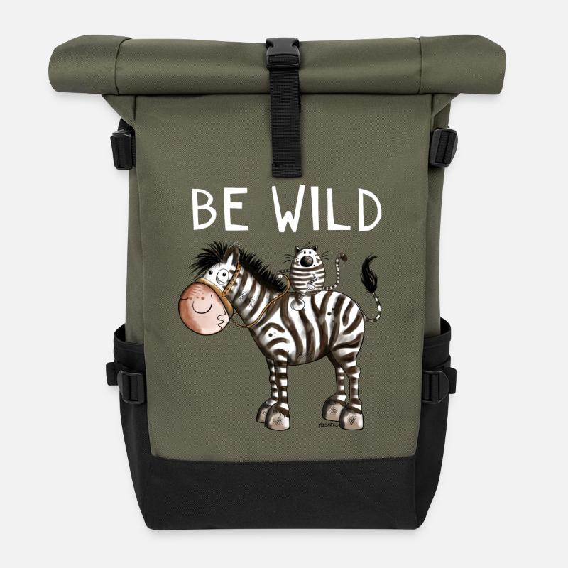 Be Wild Zebra - Zebras - Katze - Katzen - Geschenk - Rolltop Rucksack - Olive/Schwarz