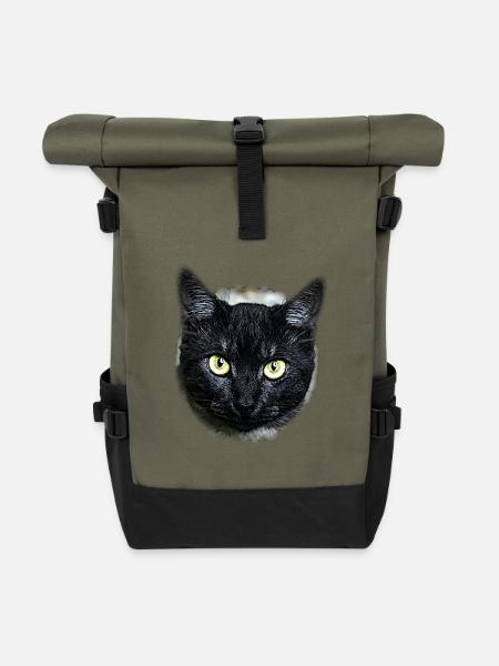 black cat schwarze Katze - Rolltop Rucksack - Olive/Schwarz