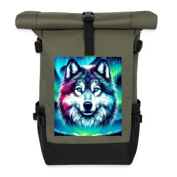Wolf Husky Hund - Rolltop Rucksack - Olive/Schwarz - Vorne