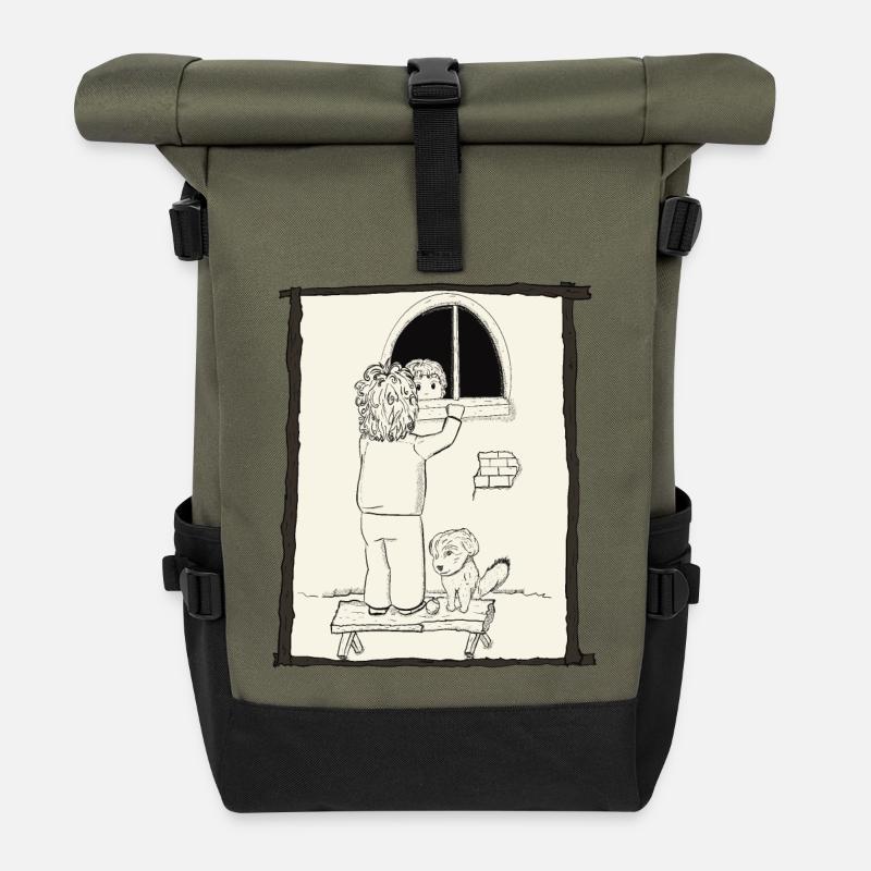 Hunde & Kinder & Bälle Tintenversion - Rolltop Rucksack - Olive/Schwarz