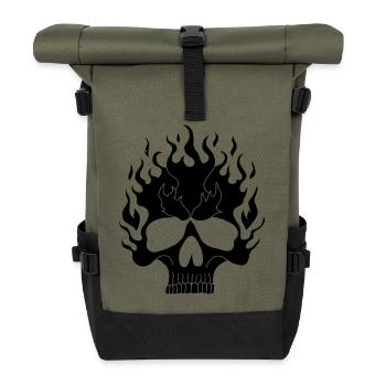 Schwarzer flammender Schädel - Rolltop Rucksack - Olive/Schwarz - Vorne