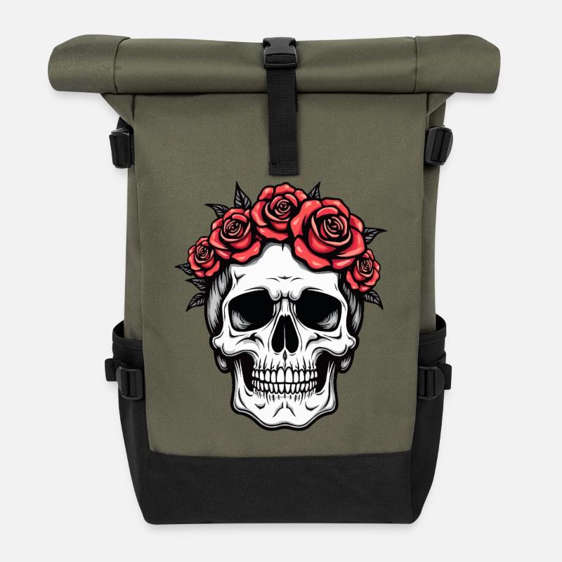 Skull Rose Crown - Roll Top Backpack - olive/black
