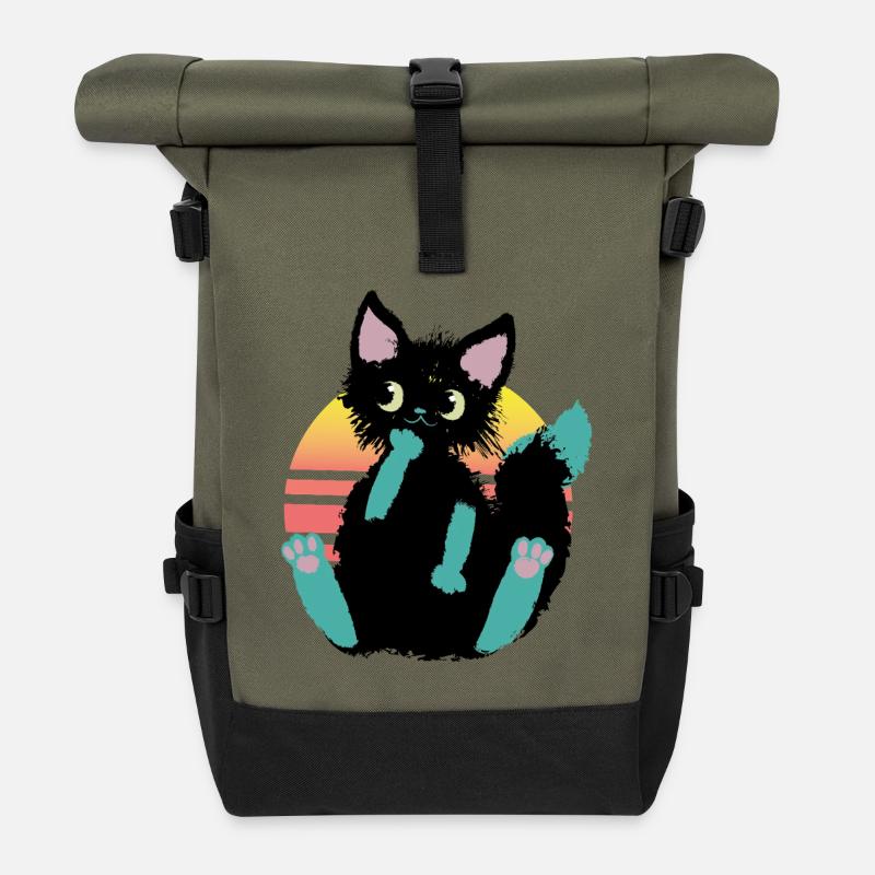 doodle chat blob, pense - Sac à dos roll top - olive/noir
