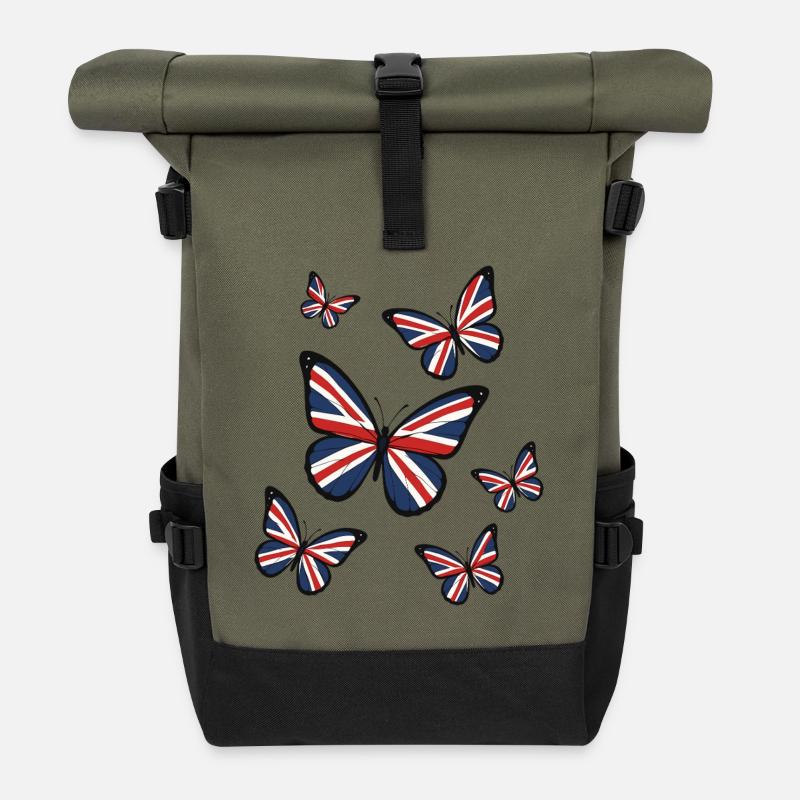 Union Jack Schmetterlinge - Rolltop Rucksack - Olive/Schwarz