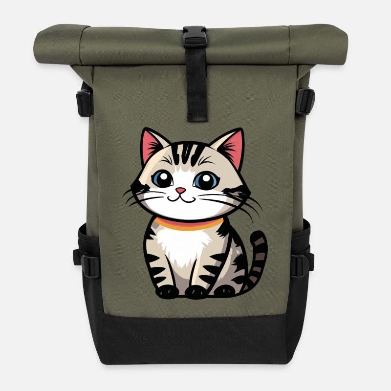 Kawaii Cat Logo with Collar - Roll Top Backpack - olive/black