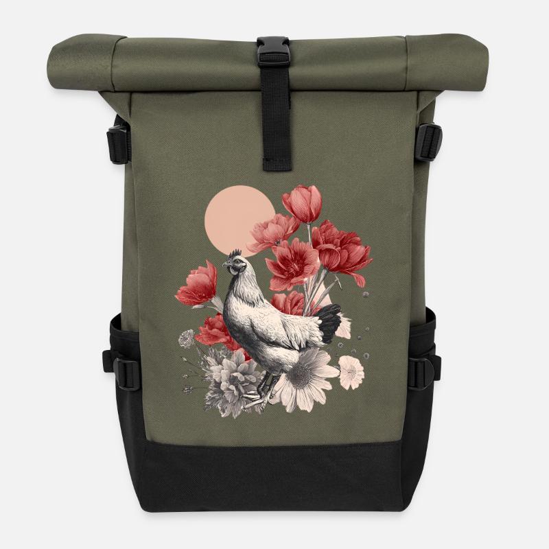 Vintage Huhn mit roten Blüten – Boho Illustration - Rolltop Rucksack - Olive/Schwarz