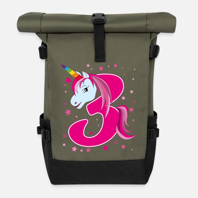 Licorne, 3 ans, 3e anniversaire, enfant - Sac à dos roll top - olive/noir