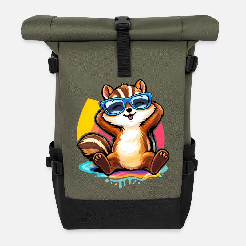 Relaxtes Streifenhörnchen mit Sonnenbrille  - Rolltop Rucksack - Olive/Schwarz