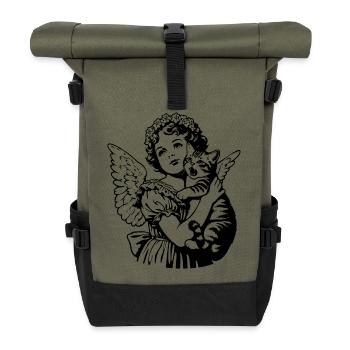 Engel mit Katze – Cherub Vintage Illustration - Rolltop Rucksack - Olive/Schwarz - Vorne