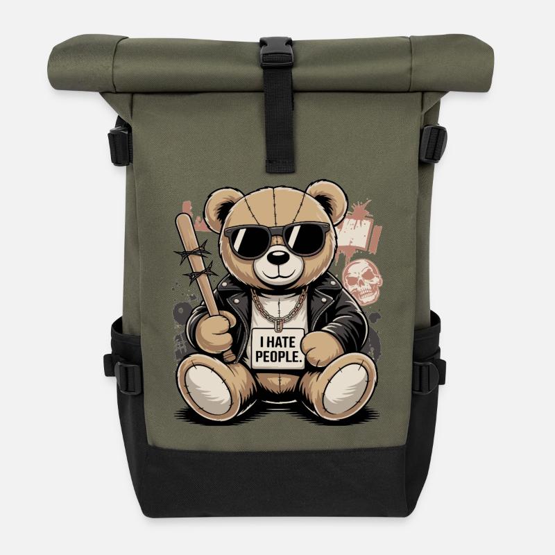 Bad Teddy – I Hate People Bär Design - Rolltop Rucksack - Olive/Schwarz