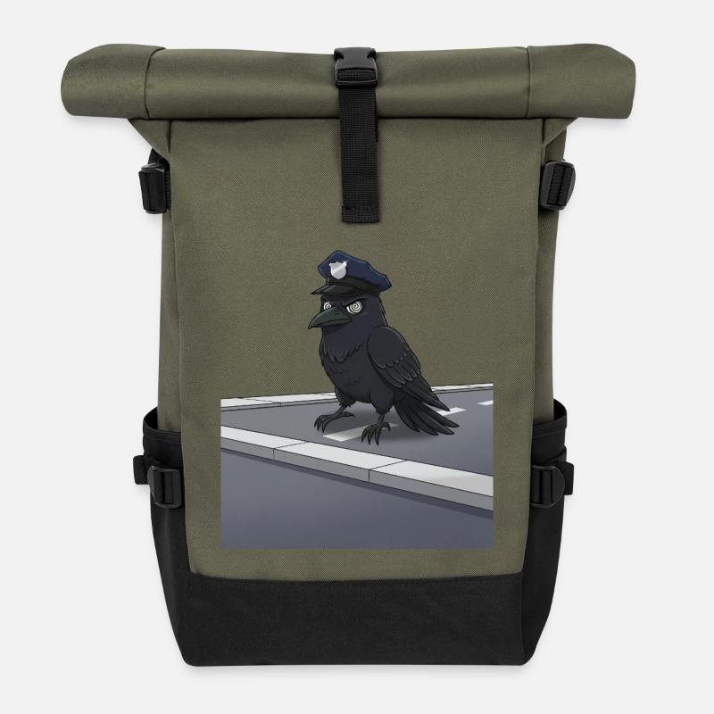 Rabe als Polizeibeamter auf Straße - Rolltop Rucksack - Olive/Schwarz