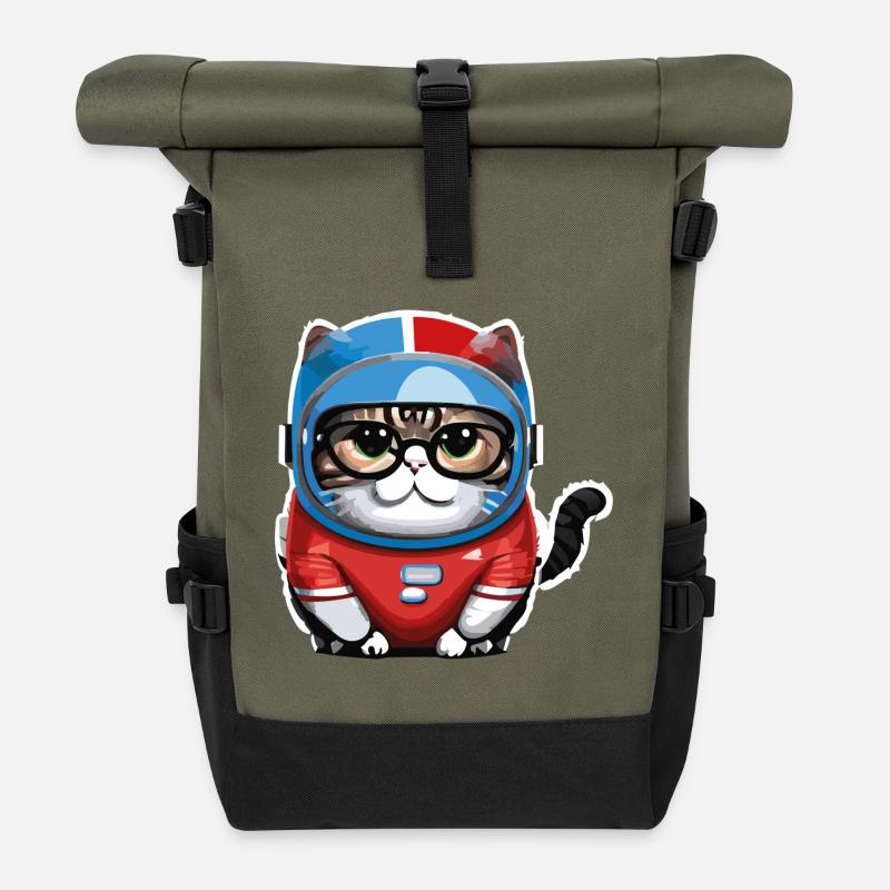 Katze Weltraum Space Cat Astronaut - Rolltop Rucksack - Olive/Schwarz