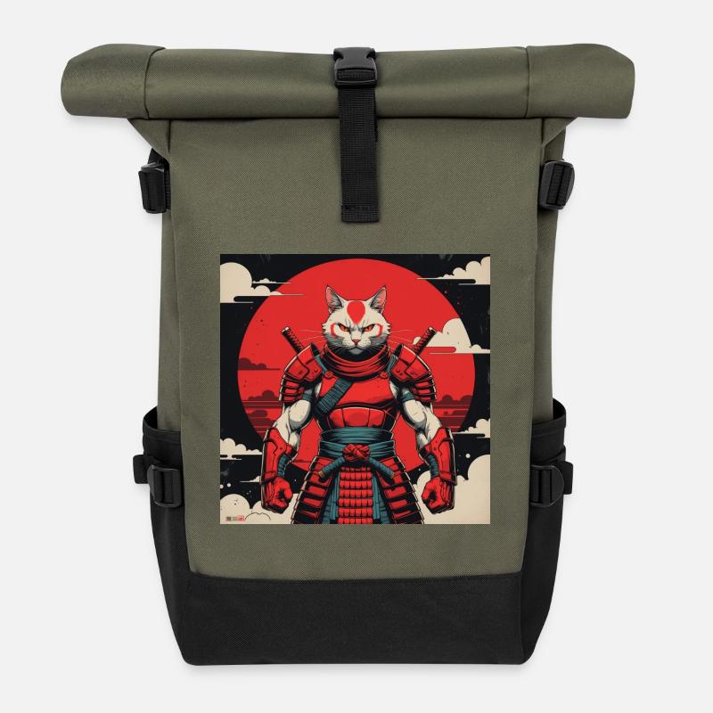 Samurai-Katzenkrieger - Rolltop Rucksack - Olive/Schwarz