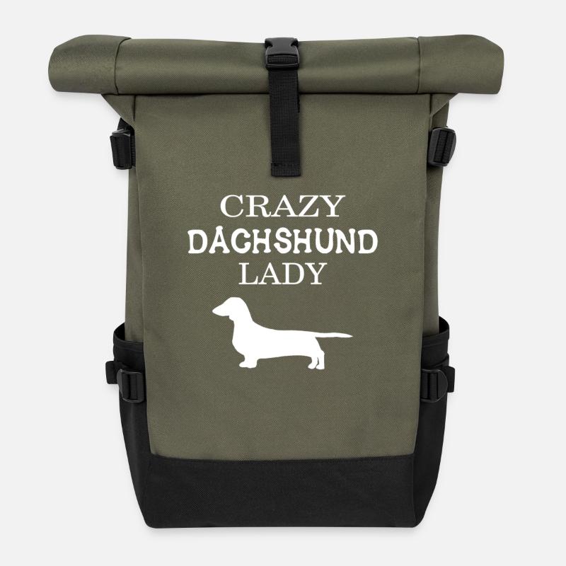 Dachshund - Crazy Dachshund Lady - Roll Top Backpack - olive/black