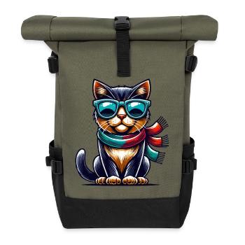 cat sunglasses comic - Roll Top Backpack - olive/black - Front