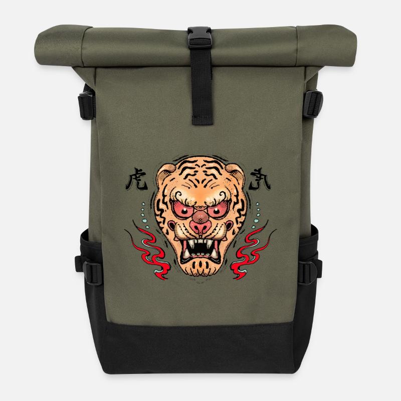 Tiger Oni Maske Illustration - Rolltop Rucksack - Olive/Schwarz