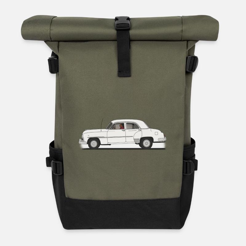Klassisches Retro-Auto in Schwarz und Weiß - Rolltop Rucksack - Olive/Schwarz