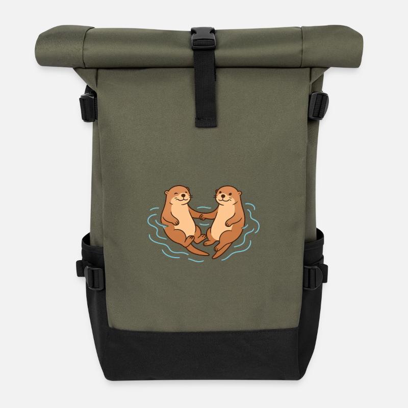 Verspielte Otter Freundschaft Illustration - Rolltop Rucksack - Olive/Schwarz
