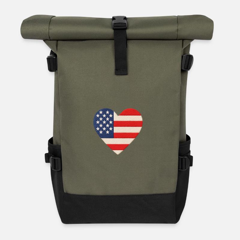 Heart American Flag Print - Roll Top Backpack - olive/black