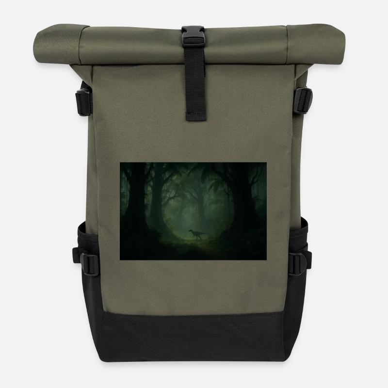 Dino im Nebelwald - Rolltop Rucksack - Olive/Schwarz