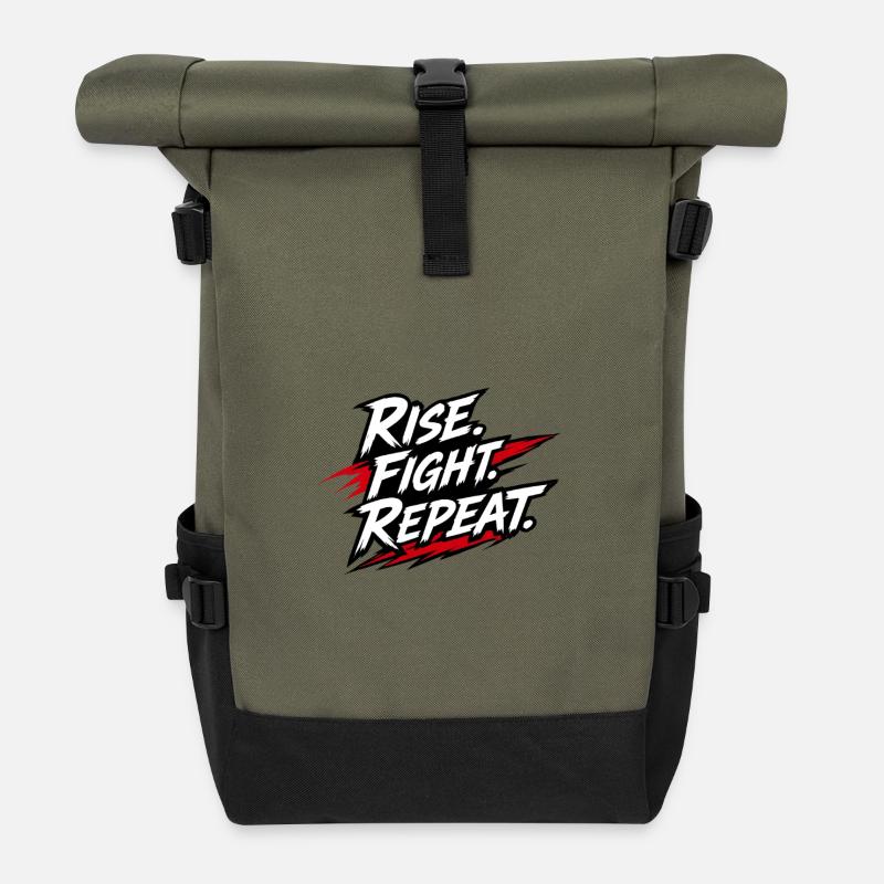 Rise Fight Repeat Kampfspruch Grafik - Rolltop Rucksack - Olive/Schwarz