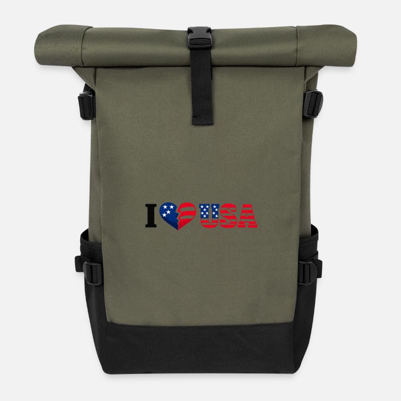 I Heart USA Star-Spangled Flag Pattern - Roll Top Backpack - olive/black