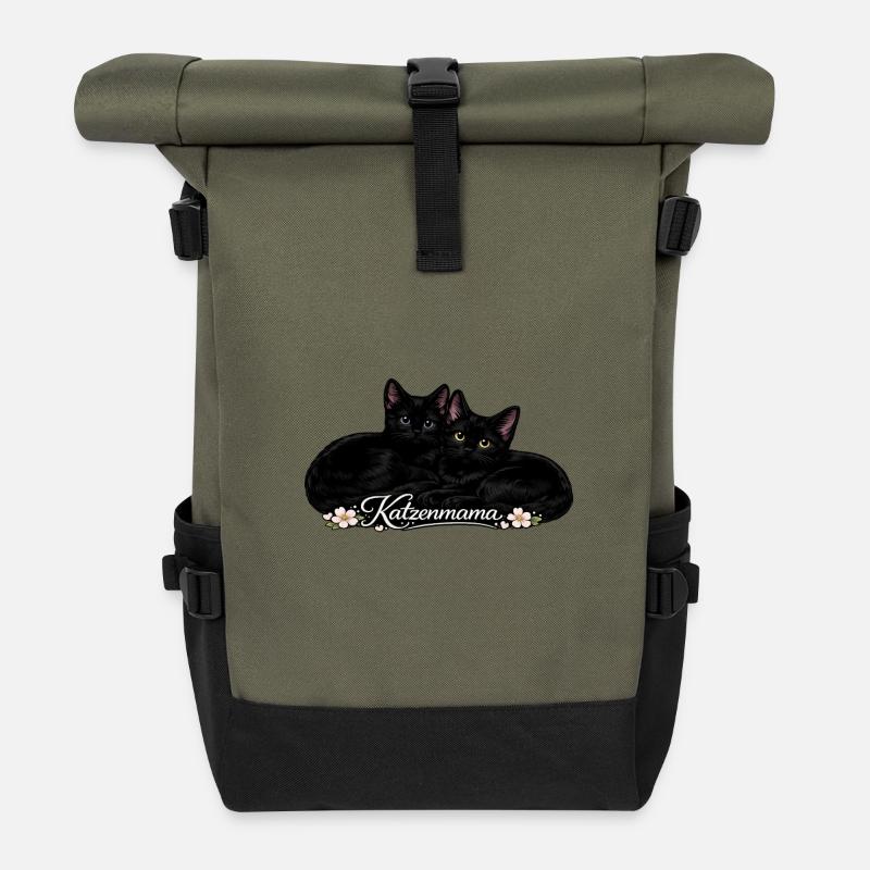 Cat Mom – Amour de chat avec des fleurs - Sac à dos roll top - olive/noir