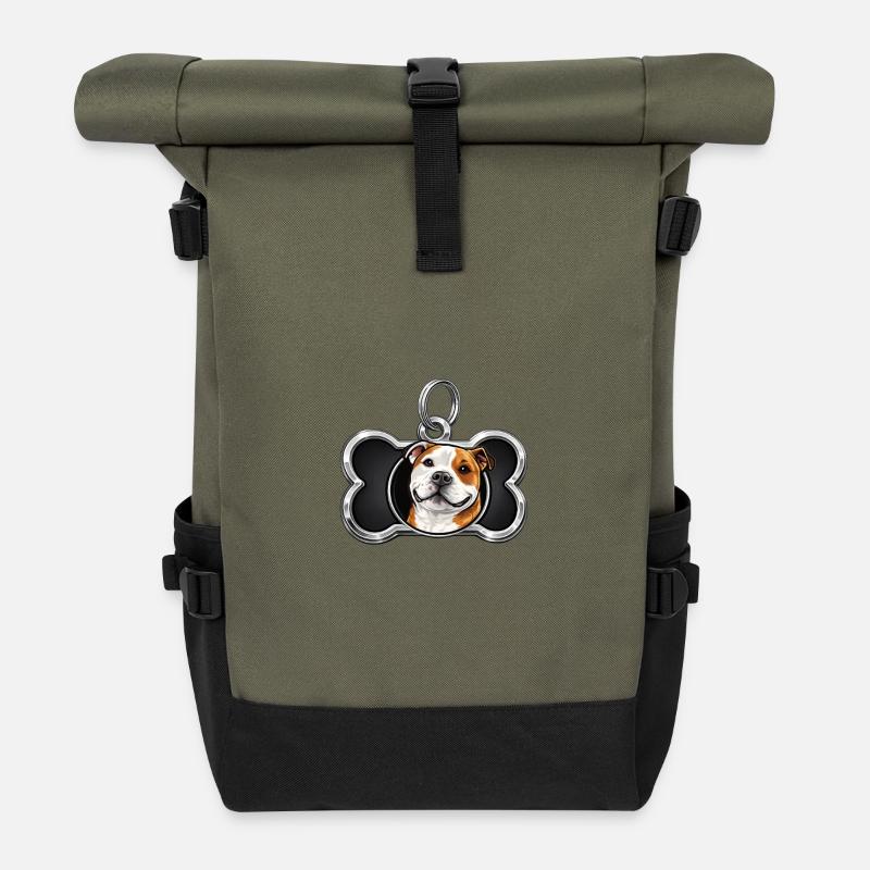 Pendentif en os à motif de chien joyeux - Sac à dos roll top - olive/noir