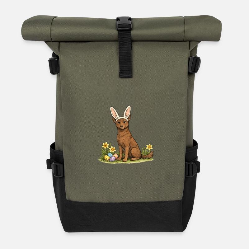 Frühlingshase Australian Kelpie Hund mit Ostereier - Rolltop Rucksack - Olive/Schwarz