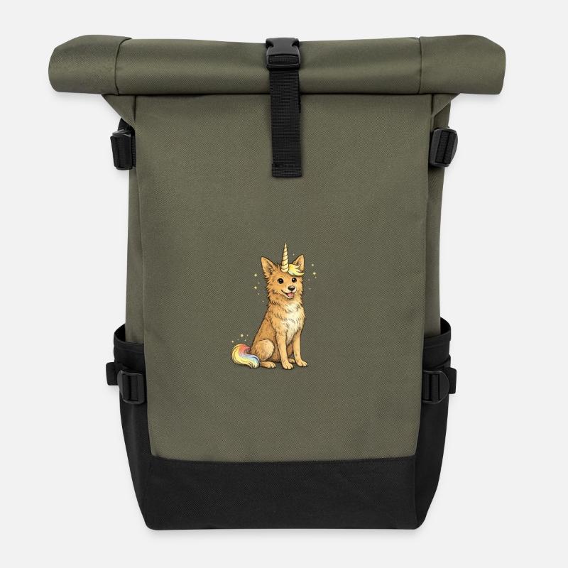 Einhornhund Illustration * Einhorn * Border Collie - Rolltop Rucksack - Olive/Schwarz