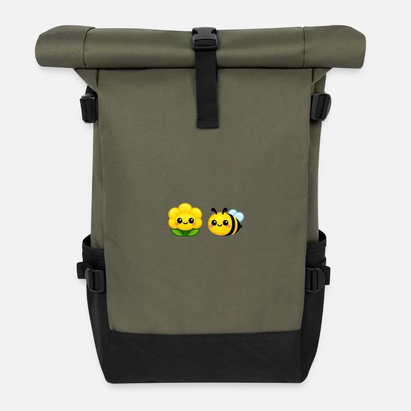 Sunny Bloom and Bee Duo Kawaii style - Roll Top Backpack - olive/black