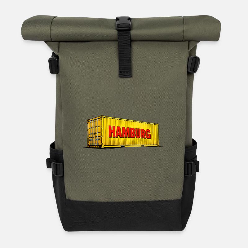 Hamburg Gelber Container Design - Rolltop Rucksack - Olive/Schwarz
