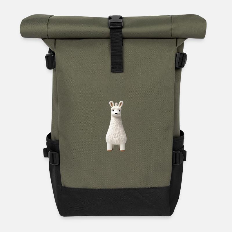 White llama figure - Roll Top Backpack - olive/black