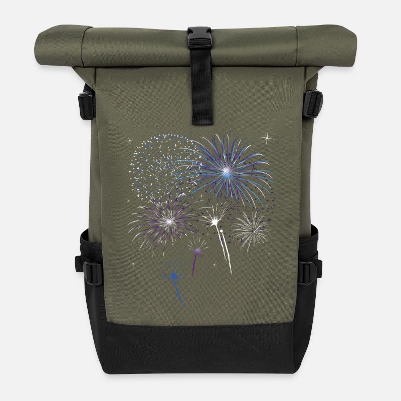 Silvester. Buntes Feuerwerk mit Sternen. - Rolltop Rucksack - Olive/Schwarz