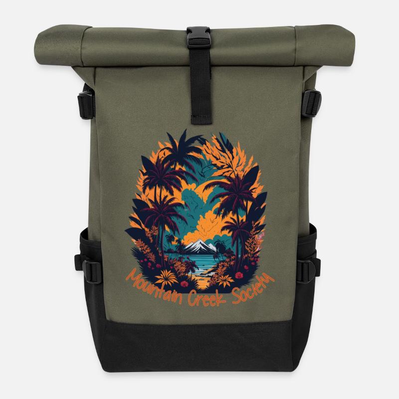 Mountain Creek Tropical Landscape - Roll Top Backpack - olive/black