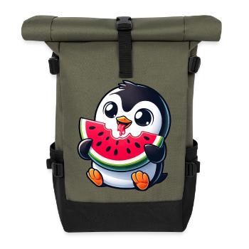 Penguin with Watermelon Cartoon - Roll Top Backpack - olive/black - Front