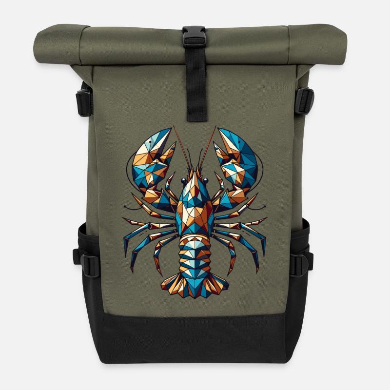 Colorful, geometric lobster polygon motif - Roll Top Backpack - olive/black