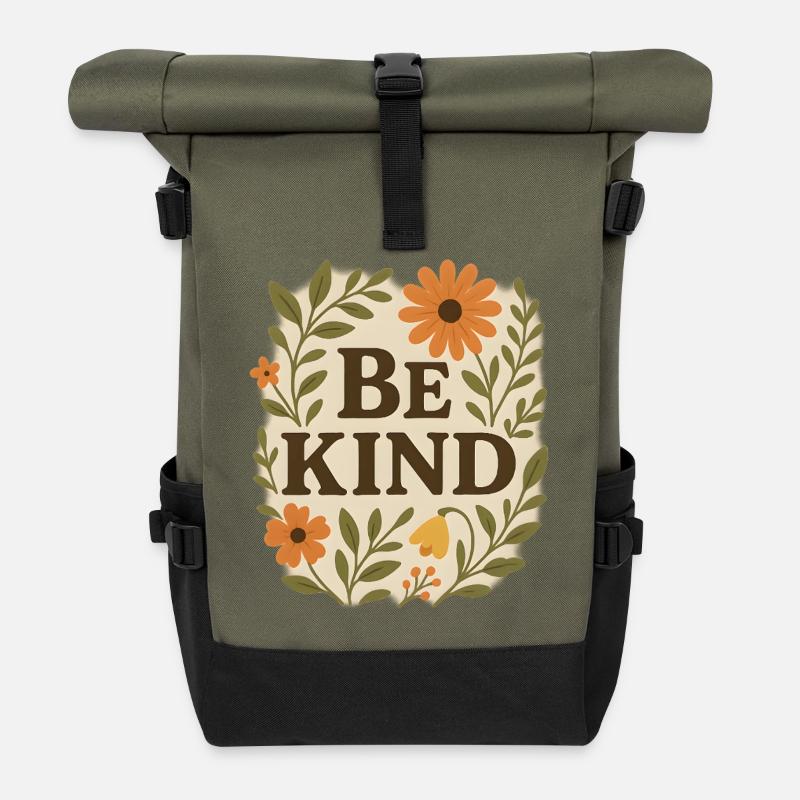 Kind Flower Message Be Kind - Roll Top Backpack - olive/black