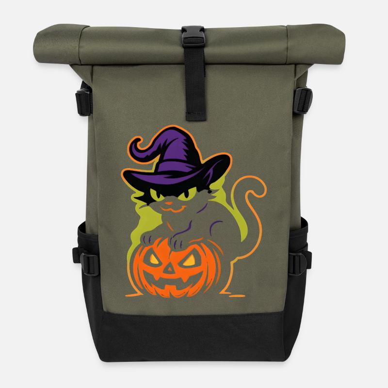 Wizard Cat and Luminous Pumpkin - Roll Top Backpack - olive/black
