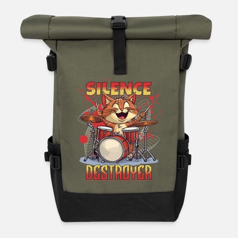 Schlagzeug Drums Silence Destroyer Katze Lustig - Rolltop Rucksack - Olive/Schwarz