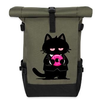 Schwarze Katze mit rosa Donut - Rolltop Rucksack - Olive/Schwarz - Vorne