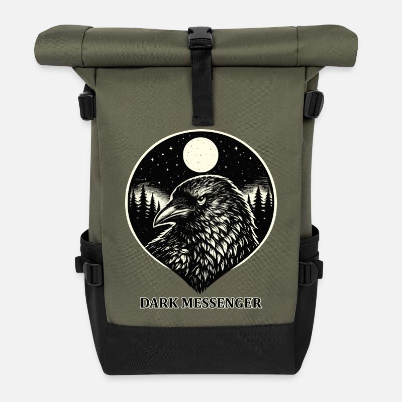 Dark Messenger - Rabe im Woodcut Stil - Rolltop Rucksack - Olive/Schwarz