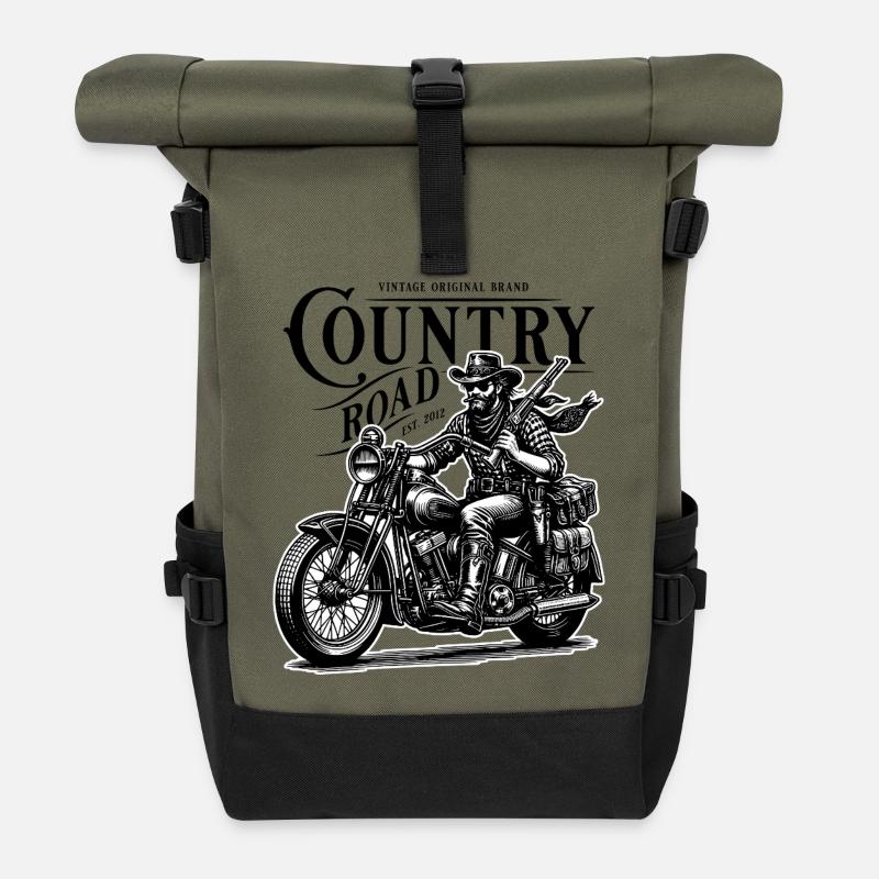 Cowboy biker on vintage motorcycle - Roll Top Backpack - olive/black