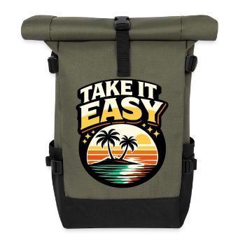 Take It Easy Retro Sunset Palm Trees Vintage Motif - Roll Top Backpack - olive/black - Front
