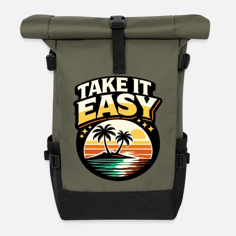 Take It Easy Retro Sunset Palm Trees Vintage Motif - Roll Top Backpack - olive/black