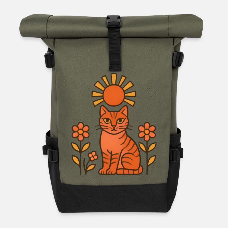 Sun cat in the orange forest - Roll Top Backpack - olive/black