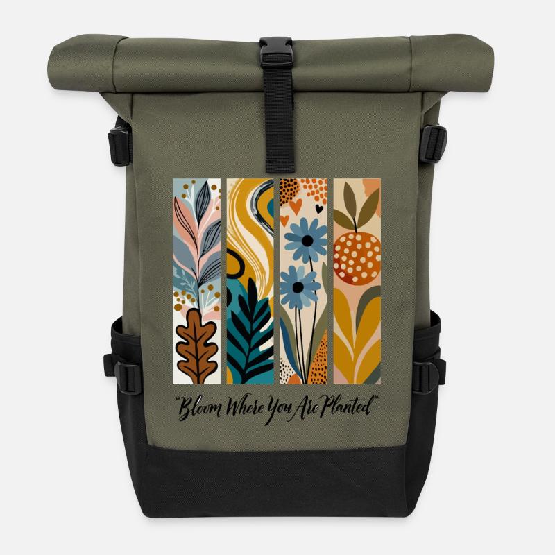 Blühende Botanische Panel-Collage - Rolltop Rucksack - Olive/Schwarz