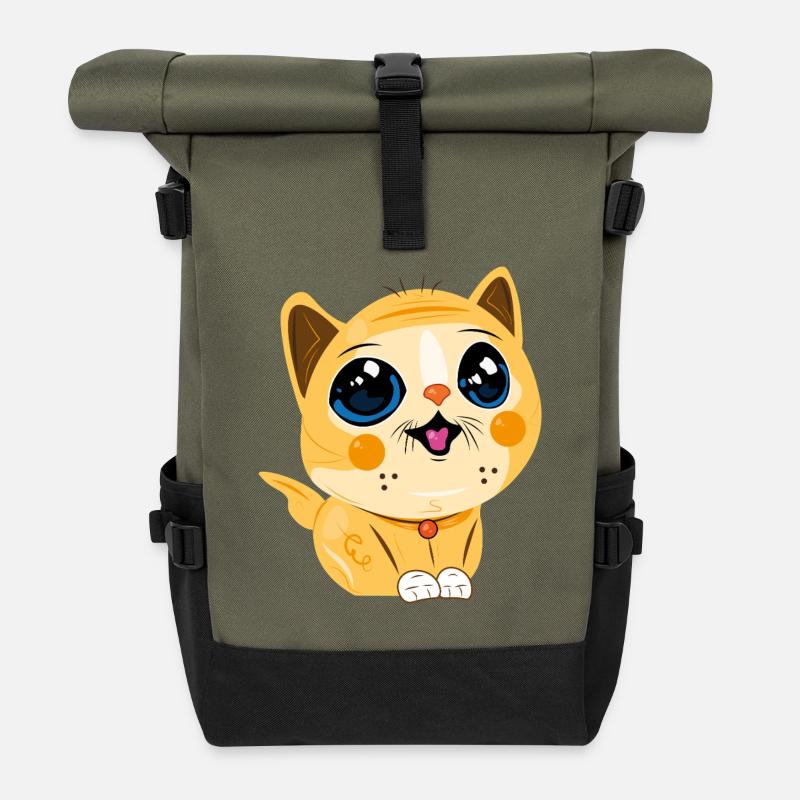 Smiling Kawaii Cat - Roll Top Backpack - olive/black