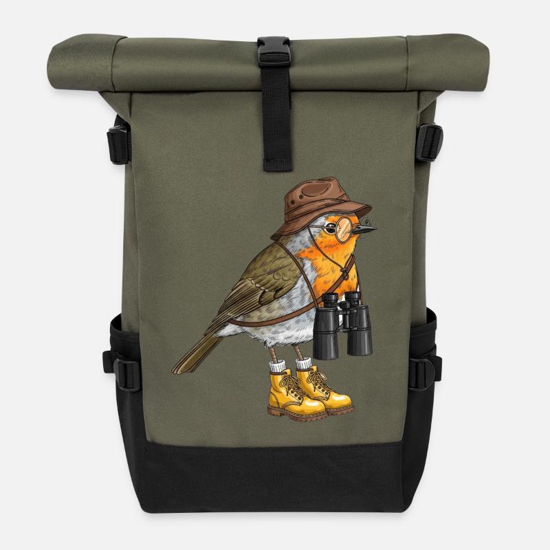 Entdecker-Robin mit Fernglas - Rolltop Rucksack - Olive/Schwarz