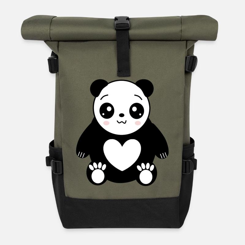 Kawaii Panda Bear Kawaii Gift - Roll Top Backpack - olive/black